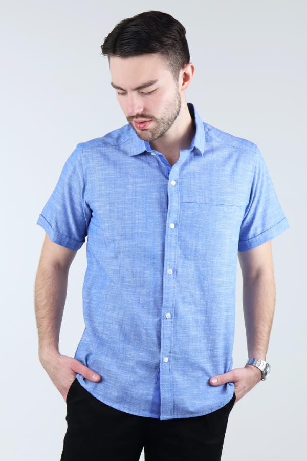 Camisa Azul Jaspe Moderna Hombre Manga Corta Con Bolsa Interior Oculta